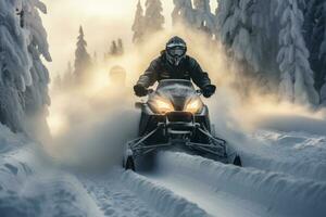 Snowmobile navigating swiftly through heavy snow for alpine rescue operation photo