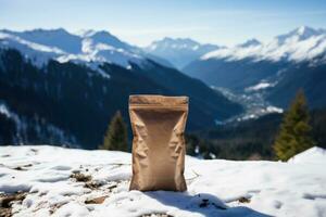 Survival food ration against snowy alpine landscape background with empty space for text photo
