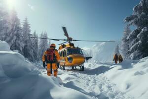 Simulation rescue training in snowy alpine terrain background with empty space for text photo