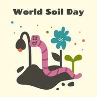 Cute pink earthworm crawling in ground and cleaning soil. World soil day. Color Fresh foliage, flower. Soil fertility and Environment protection concept. Vector flat illustration for banner, poster