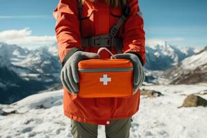 High altitude medic holding first aid kit background with empty space for text photo