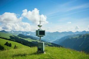 Weather station equipment in alpine region background with empty space for text photo