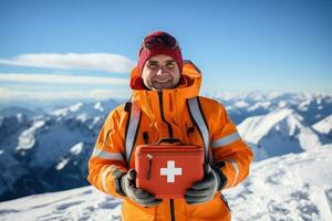 High altitude medic holding first aid kit background with empty space for text photo