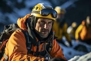 Alpine rescuer utilizing rope techniques in high altitude mountain rescue photo