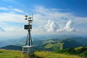 Weather station equipment in alpine region background with empty space for text photo