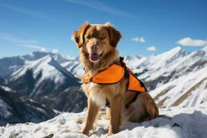 Determined rescue dog trained in locating missing persons in snowy Alpine photo
