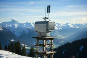 Weather station equipment in alpine region background with empty space for text photo