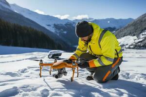 Drone deploying life saving supplies during alpine rescue in snowy mountains photo