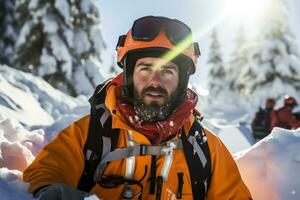 Rescuer navigating treacherous snowy trail with emergency sled in Alpine region photo