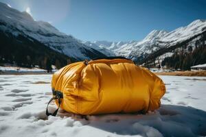 Avalanche airbag inflated for alpine rescue demonstration background with empty space for text photo