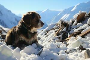 Rescue dog sniffing in snow for avalanche victims background with empty space for text photo