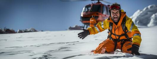 Rescue expert demonstrating crossing glide crack technique in snowy Alpine environment photo