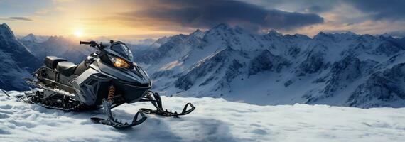 Snowmobile on frosty alpine slope background with empty space for text photo