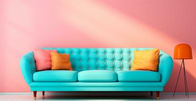 Stylish modern sofa, pastel bright background - AI generated image photo