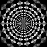 Hypnotic background, optical spiral illusion. Optical Checkered Circle Classic circular Op Art design in black and white color. Vector illustration in square shape