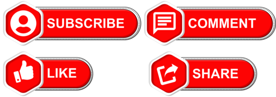 One set Subscribe button collection PNG image. Red color subscriber button collection. Elements with like, share, bell icon, and comment sections on a transparent background