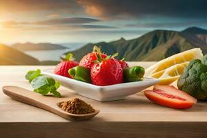 fresh fruits and vegetables on a wooden table with mountains in the background. AI-Generated photo