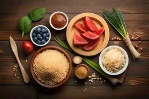 various ingredients including rice, watermelon, and other fruits. AI-Generated photo