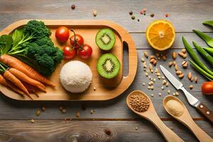 un de madera corte tablero con vegetales y frutas generado por ai foto