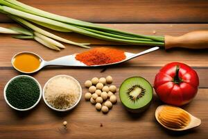 various ingredients including vegetables, rice, and spices. AI-Generated photo