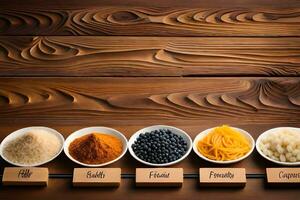 various types of spices in bowls on a wooden table. AI-Generated photo