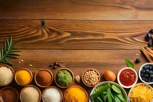 various spices and herbs in bowls on a wooden table. AI-Generated photo