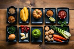 a variety of vegetables and fruits arranged on black plates. AI-Generated photo