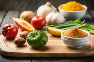 various vegetables and spices on a cutting board. AI-Generated photo