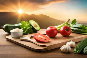 fresh vegetables on a cutting board with the sun setting in the background. AI-Generated photo