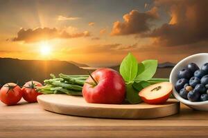 fresh fruits and vegetables on a wooden table with the sun setting in the background. AI-Generated photo