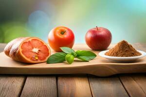 grapefruit, apple and cinnamon powder on wooden cutting board. AI-Generated photo