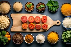 various types of food are arranged on a cutting board. AI-Generated photo