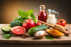 various fruits and vegetables on a cutting board. AI-Generated photo