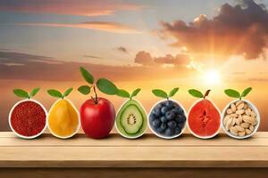 fruit and vegetables in bowls on a table with the sun setting. AI-Generated photo