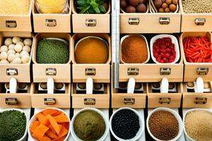 a variety of spices and herbs are in wooden boxes. AI-Generated photo