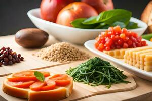 various types of food on a cutting board. AI-Generated photo