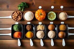 a variety of ingredients in a pan on a wooden table. AI-Generated photo