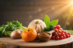 fresh vegetables and spices on a wooden table. AI-Generated photo