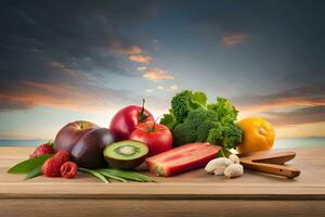 Fresco frutas y vegetales en de madera mesa con puesta de sol en antecedentes. generado por ai foto