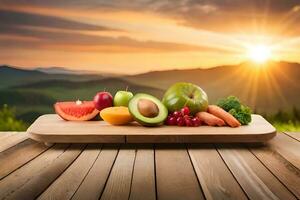 fresh fruits and vegetables on a wooden cutting board with the sun setting in the background. AI-Generated photo