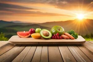 Fresco frutas y vegetales en un de madera corte tablero con el Dom ajuste en el antecedentes. generado por ai foto