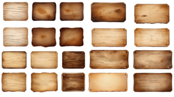 realistico impostato di di legno placche e insegne isolato su trasparente sfondo. diverso vuoto per testo piatti fatto di naturale legna e quercia. ai generativo png