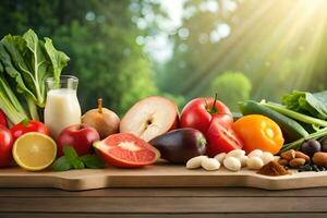 Fresco frutas y vegetales en un de madera corte tablero. generado por ai foto