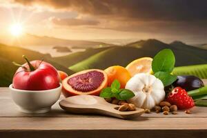 Fresco frutas y vegetales en un mesa con un puesta de sol en el antecedentes. generado por ai foto