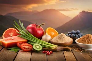 foods and supplements on wooden table with mountains in background. AI-Generated photo