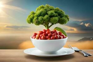 un cuenco con brócoli coles y Tomates en un mesa. generado por ai foto