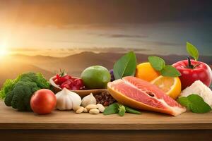 fresh fruits and vegetables on a table with the sun setting in the background. AI-Generated photo