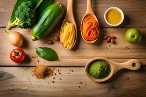 various vegetables and spices are arranged on a wooden table. AI-Generated photo