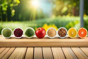 five different types of fruits and vegetables in bowls. AI-Generated photo