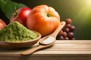 green powder in a bowl with apples, tomatoes and grapes. AI-Generated photo